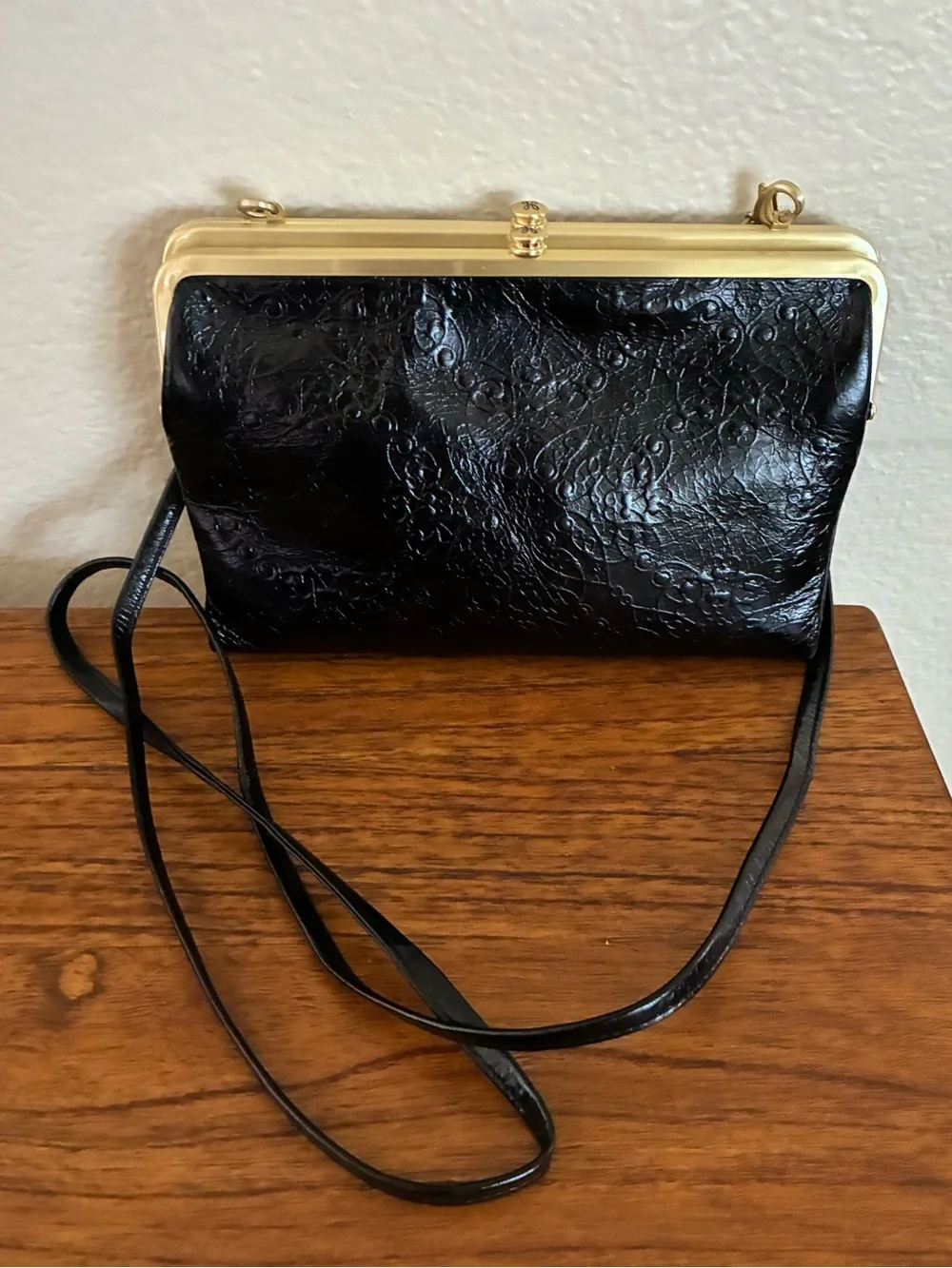 Hobo Black Embossed Leather Clutch / crossbody with matte Gold Trim